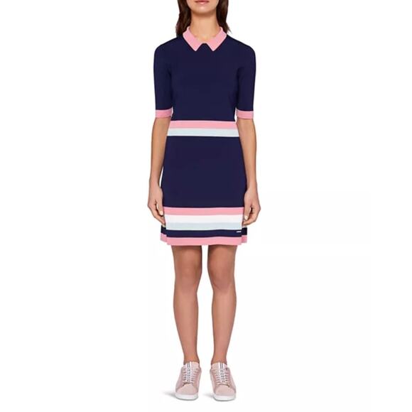 Ted Baker Colour by Numbers “Origami” Striped Knit Polo Dress Navy Pink Size 1 - Picture 1 of 12